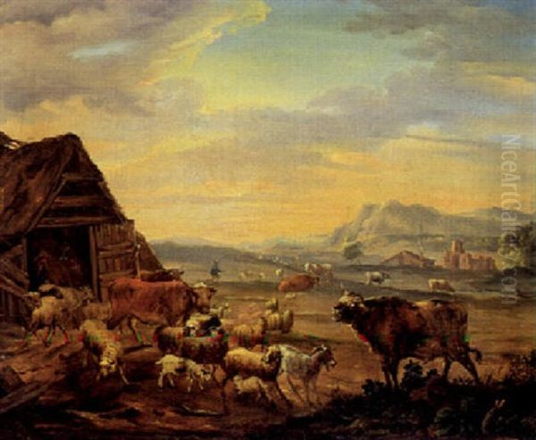 Bjergrigt Landskab Med Koer Og Far, Der Lukkes Ud Til Graesning Oil Painting by Paulus Potter