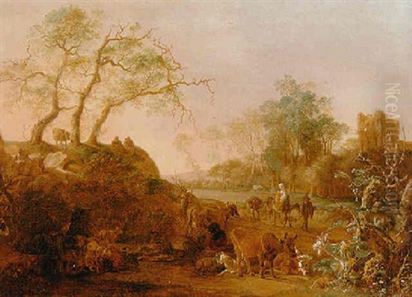 An Italianate River Landscape With The Flight Into Egypt Oil Painting by Paulus Potter