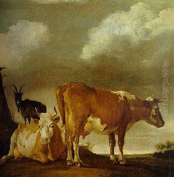 Scene Pastorale: Deux Vaches Et Une Chevre Dans Un Paysage Hollandais Oil Painting by Paulus Potter