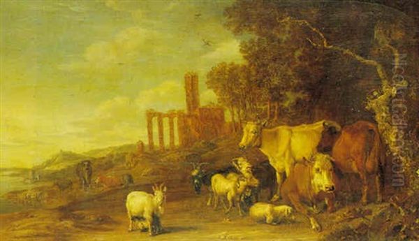 A Wooded River Landscape With Cattle And Goats, Ruins In The Background Oil Painting by Paulus Potter