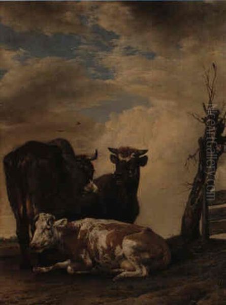 Two Cows And A Bull In A Meadow Oil Painting by Paulus Potter