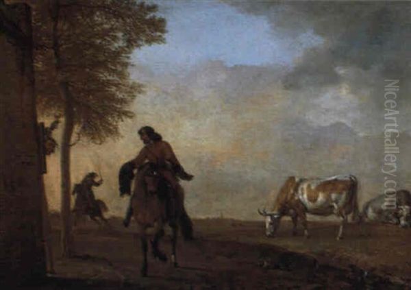 Ein Vornehmer Reiter Wird Von Einem Bauern Begrust Oil Painting by Paulus Potter