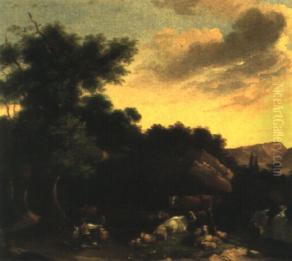 Shepherd And Herd In Mountain Landscape Oil Painting by Paulus Potter