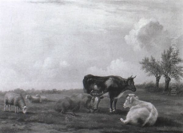 Cattle And Sheep Grazing In A Meadow Oil Painting by Paulus Potter