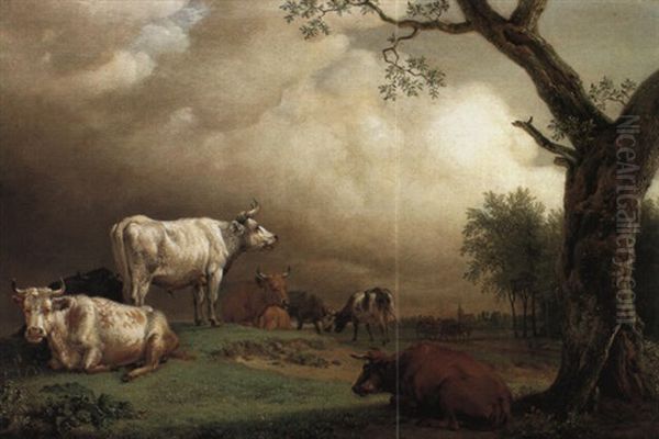 Cattle In A Field With Travellers In A Wagon On A Track by Paulus Potter