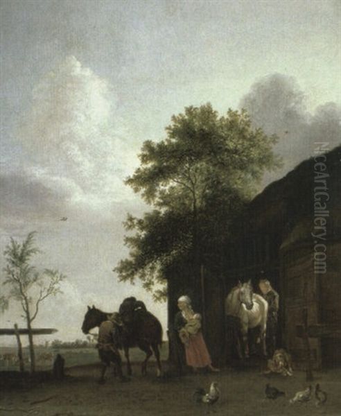 A Peasant Mounting A Horse And A Mother Suckling A Baby By A Stable Oil Painting by Paulus Potter