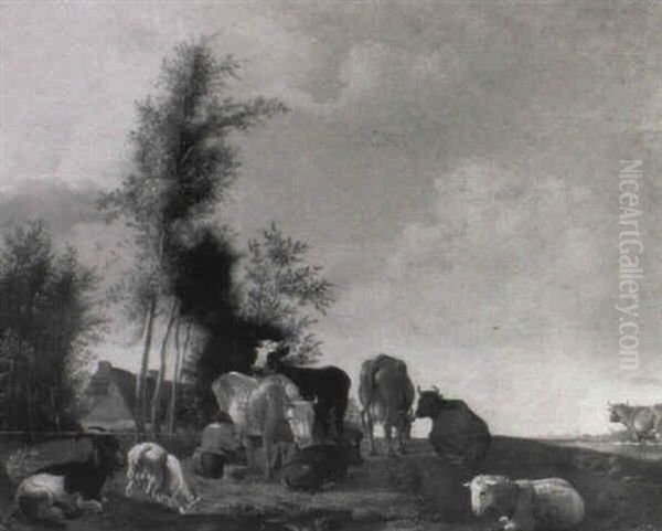 A Peasant Milking With Cattle, Sheep And Goats Nearby Oil Painting by Paulus Potter