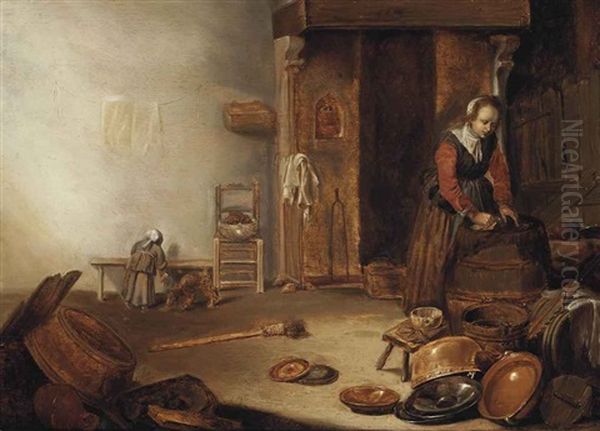 A Kitchen Interior With A Maid Cleaning, A Copper Pot, Wooden Barrels, Earthenware Plates And Other Objects, Together With A Child And A Dog Oil Painting by Pieter Symonsz Potter