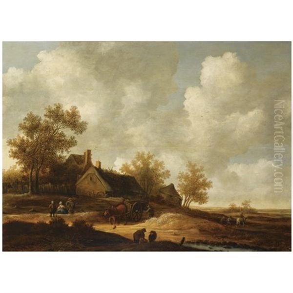 A Dune Landscape With A Farmer With His Horse-drawn Cart, Other Figures Conversing On A Path Near A Barn Oil Painting by Pieter Symonsz Potter