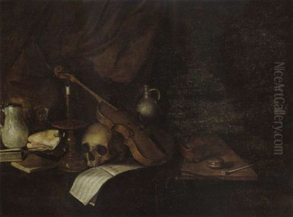 A Vanitas Still Life With A Violin, A Music Book, A Candlestick, A Skull, Books, A Conch Shell, A Pipe And Jugs, All On A Wooden Table Oil Painting by Pieter Symonsz Potter