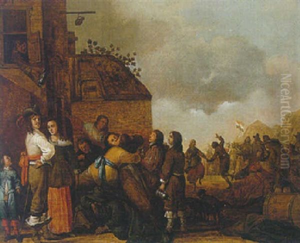 Soldiers And Women Carousing And Dancing Outside An Inn Oil Painting by Pieter Symonsz Potter