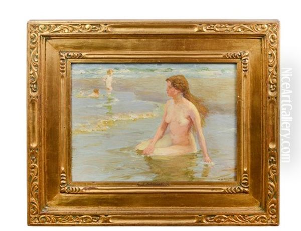 Lady Bather On The Shore With Children Frolicking Oil Painting by Edward Henry Potthast