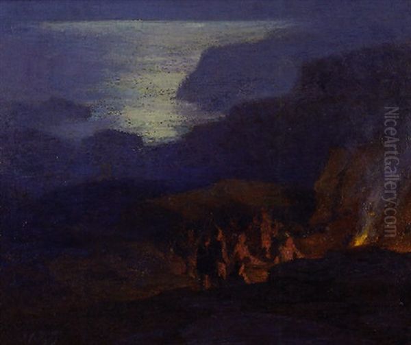 Moonlit Beach Scene With Figures Around A Campfire Oil Painting by Edward Henry Potthast