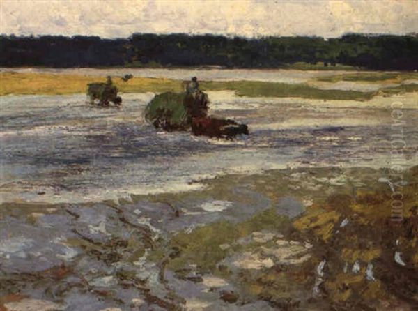 Haycart And Oxenn Wading Through Water Oil Painting by Edward Henry Potthast