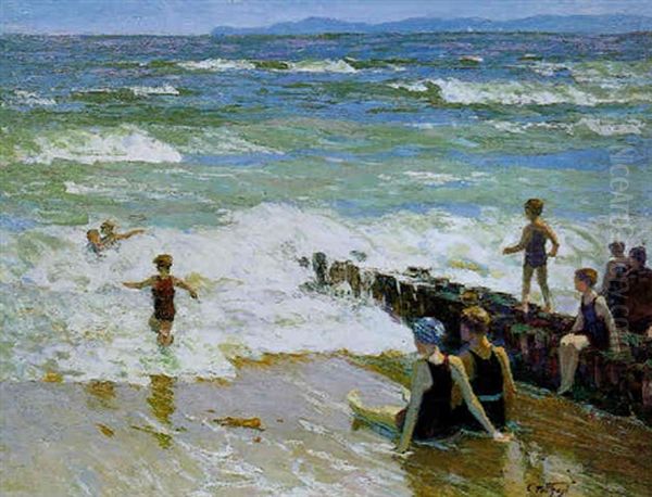 Bathers At Breakwater Oil Painting by Edward Henry Potthast