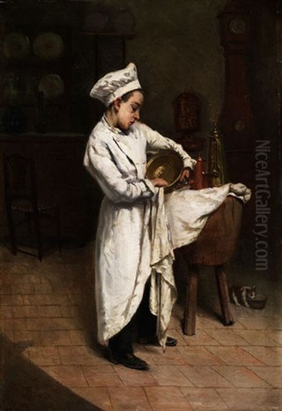 Kuchenjunge Beim Putzen Eines Messingsiebs Oil Painting by Henri Louis Aime Pottin