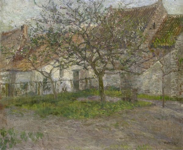 Dicht Gedrangte Bauernhauser In Petzow Mit Vorgarten Und Baum Oil Painting by Emil Pottner