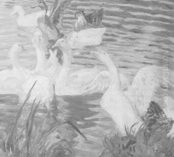 Swans On A Lake Oil Painting by Emil Pottner