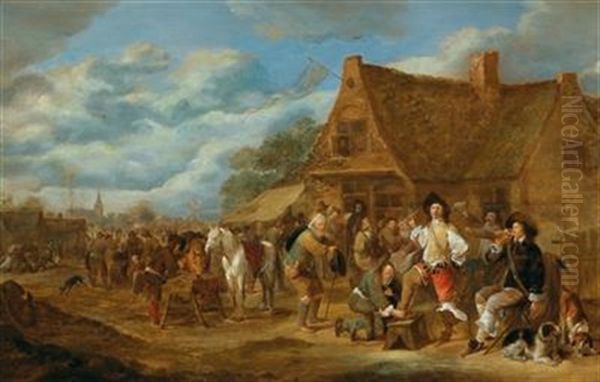 Peasants And Soldiers In Front Of A Tavern Oil Painting by Hendrick Potuyl