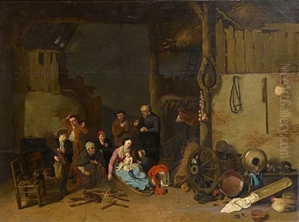 A Barn Interior With A Family Seated Around A Fire Oil Painting by Hendrick Potuyl