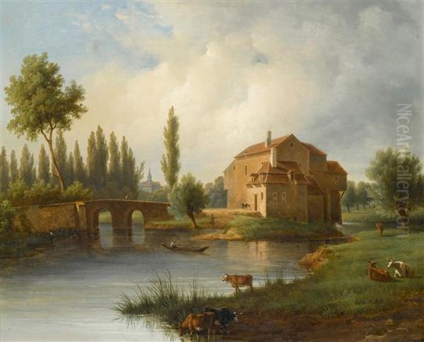 House By A River With Cows Oil Painting by Antoine Felix Boisselier