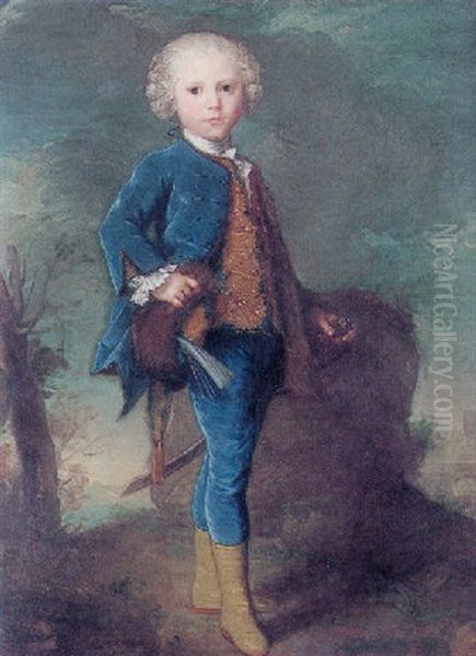 Portrait Of A Young Boy In Blue, Standing In A Landscape Oil Painting by Claude Pougin de Saint-Aubin