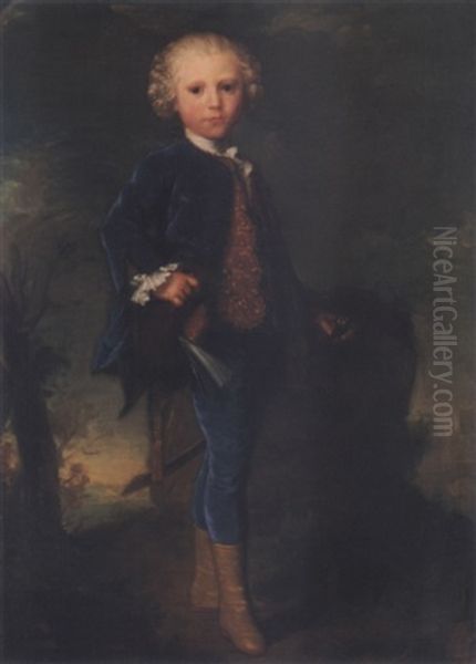 Portrait Of A Young Boy In Blue Standing In A Landscape Oil Painting by Claude Pougin de Saint-Aubin