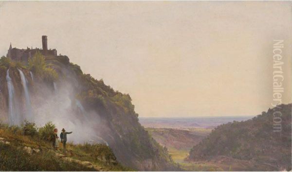 Extensive Italian Landscape By Waterfalls With Two Figures Pointing At The Valley Oil Painting by Antoine Felix Boisselier