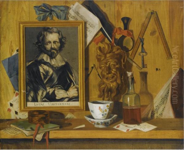 A Framed Lucas Vorsterman Print, A Gilt Plaster Head Of A Faun, Measure Devices And Musical Sheets, All Hanging Above A Ledge With A Chinese Cup And Varnish Bottle Oil Painting by Jean-Baptiste Boisset