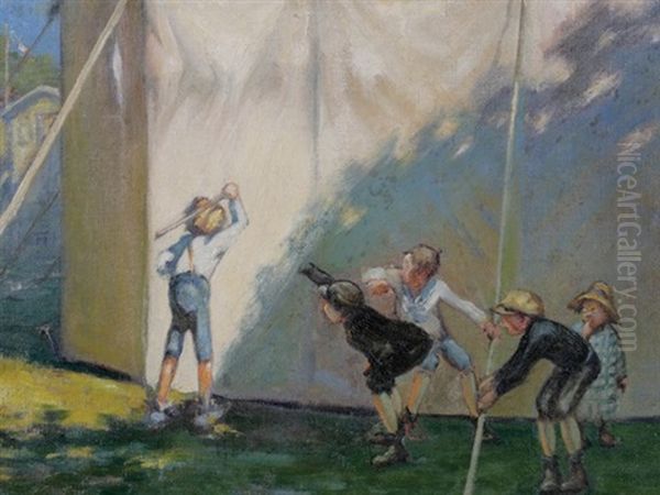 Children Playing Oil Painting by Francisque Poulbot