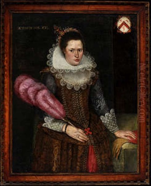 A Three-quarter Length Portrait Of A 17th Century Noblewoman Holding A Red Feather Fan Oil Painting by Frans Pourbus the Elder