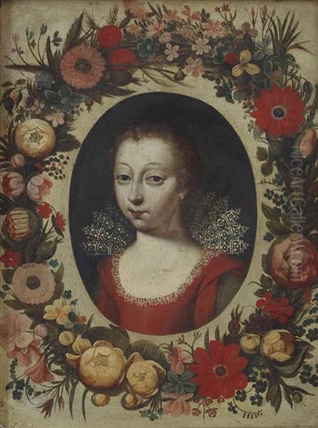 Portrait Of A Lady, Traditionally Said To Be Marie De Bourbon Montpensier, Duchesse D'orleans, Bust-length, Wearing A Red Dress With An Ornate White Lace Collar, In A Painted Oval, Surrounded By A Garland Of Flowers Oil Painting by Frans Pourbus the Elder