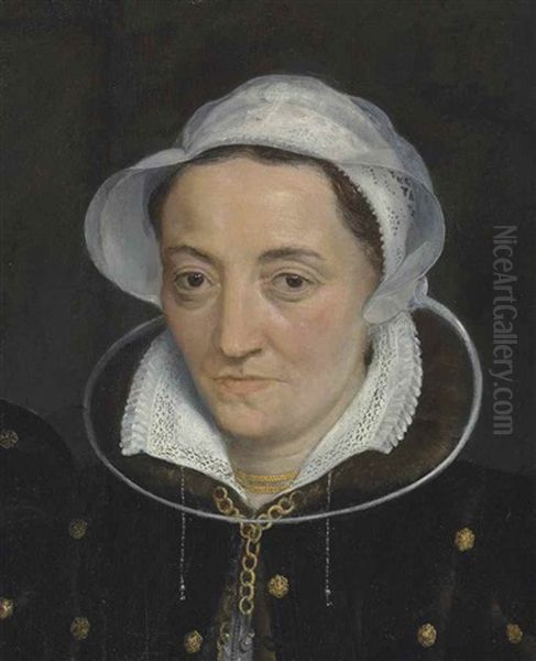 Portrait Of A Lady, Bust-length, In A Black Fur-lined Coat With Gold Fittings, A Gold Necklace And A White Cap Oil Painting by Frans Pourbus the Elder