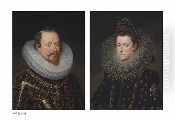 Portrait Of Vincenzo Gonzaga, Duke Of Mantua (1562-1612), Half-length, In Ceremonial Armour And Portrait Of Eleanor De Medici, Duchess Of Mantua (pair) Oil Painting by Frans Pourbus the Elder