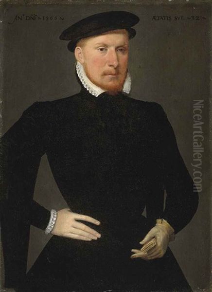 Portrait Of A Man In An Embroidered Black Doublet With A Ruff, And Black Hat, Holding A Pair Of Gloves In His Left Hand Oil Painting by Frans Pourbus the Elder