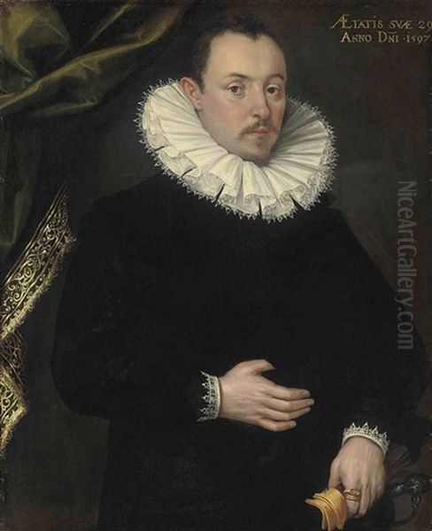 Portrait Of A Gentleman, Aged 29 In A Black Coat And White Ruff, Gloves In His Left Hand Oil Painting by Frans Pourbus the Elder