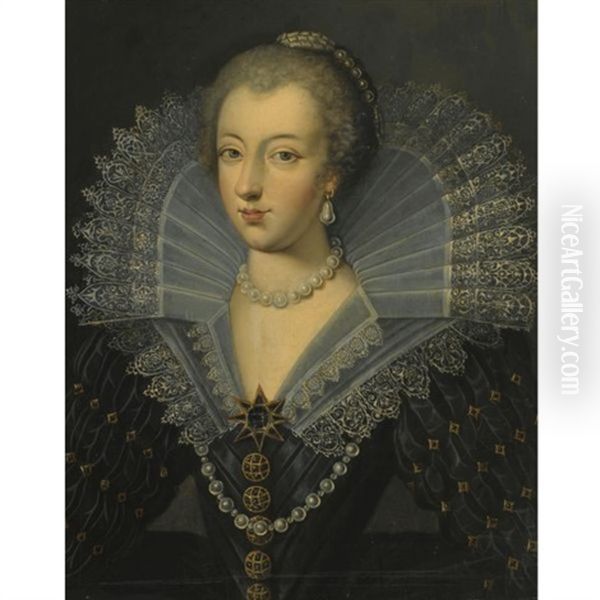 Portrait Of A Lady In An Ornate Black Dress With A Lace Ruff Oil Painting by Frans Pourbus the Elder