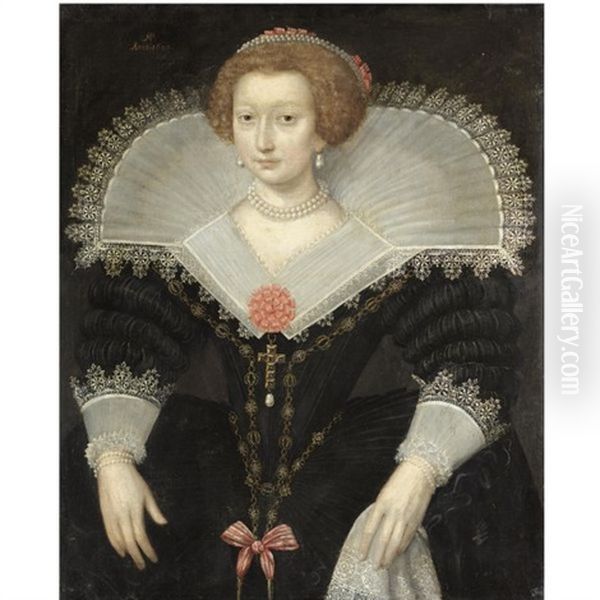 A Portrait Of A Lady, Three-quarter Length, Wearing A Black Dress And White Lace Collar by Frans Pourbus the Elder