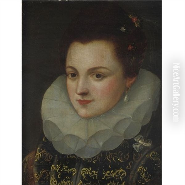 Portrait Of A Lady Wearing A Black Dress With Gold Brocade And A White Ruff Oil Painting by Frans Pourbus the Elder