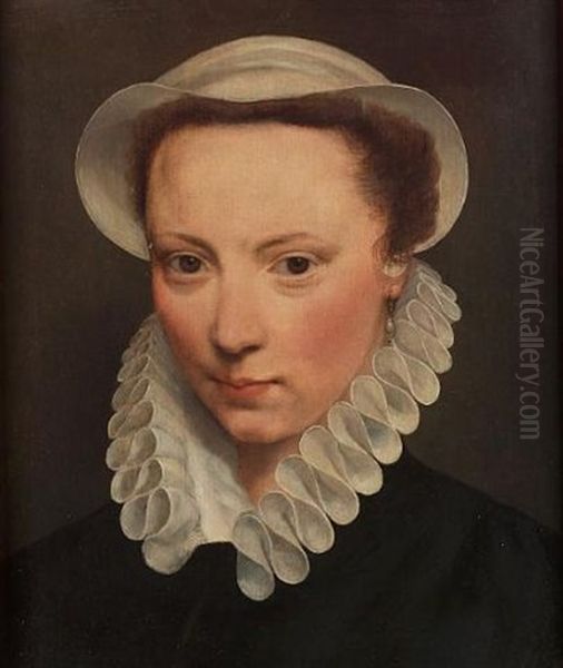 Portrait Of A Young Lady, Head And Shoulders, In Black Costume With A Ruff And A Cap Oil Painting by Frans Pourbus the Elder