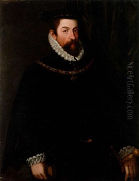 Portrait Of Maximilian Ii, Emperor Of Austria, In Black Costume With A White Ruff And Cuffs, Wearing The Badge Of The Order Of The Golden Fleece Oil Painting by Frans Pourbus the Elder