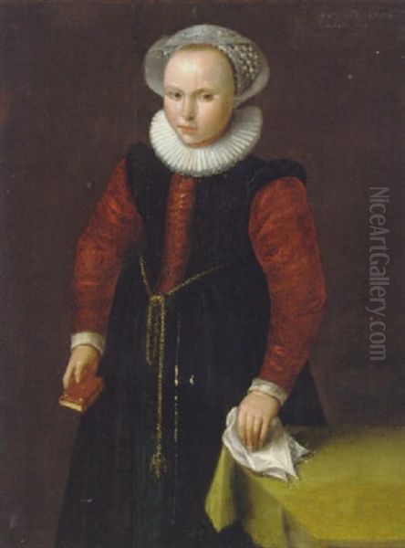 Portrait Of A Girl Aged Eight In A Black And Red Dress, Holding A Missal And A Lace Handkerchief Oil Painting by Frans Pourbus the Elder