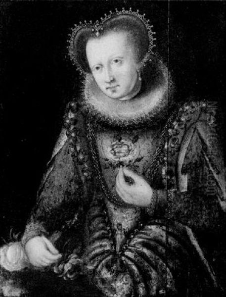 Portrait Of A Noblewoman By A Table Wearing A Richly Embroidered Brocade Dress Set With Pearls, Holding Roses Oil Painting by Frans Pourbus the Elder