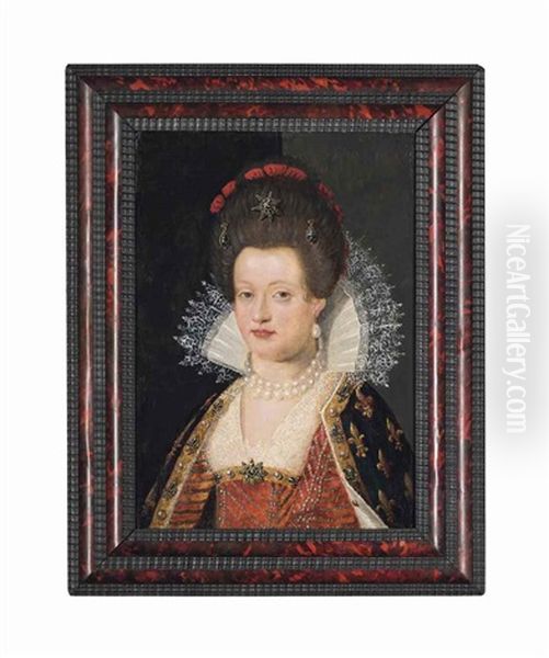 Portrait Of Marie De' Medici, Queen Of France (1575 -1642), Bust-length, In A Red Embroidered Dress With A Lace Collar And Pearl Necklace Oil Painting by Frans Pourbus the younger