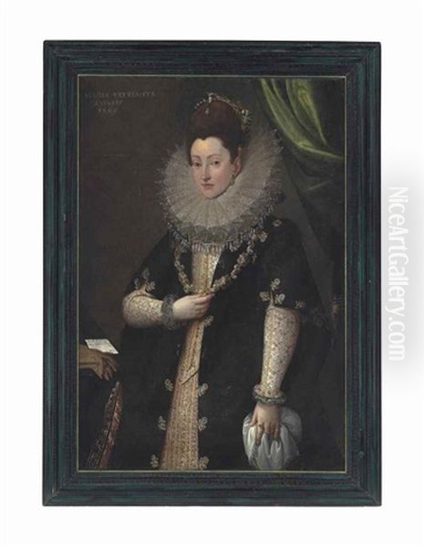 Portrait Of Maria Vertemata Panigarola, Three-quarter Length, In A Black Gown Over A Matching Embroidered Bodice And Skirt And A Reticella Lace Ruff Oil Painting by Frans Pourbus the younger