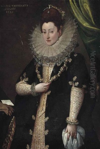 Portrait Of Maria Vertemata, In A Richly Embroidered Oyster Dress And Bejewelled Black Dress, With A Gold Chain, Before A Draped Curtain Oil Painting by Frans Pourbus the younger