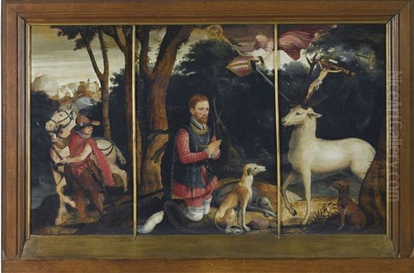 Miracle Of St Hubert (3 Works In 1 Frame) Oil Painting by Frans Pourbus the younger