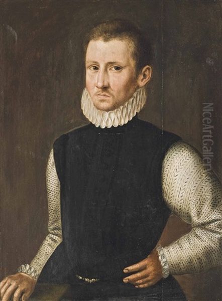 Portrait Of A Gentleman, Half-length, In An Embroidered Doublet And Lace Ruff, His Right Hand On A Table Oil Painting by Frans Pourbus the younger