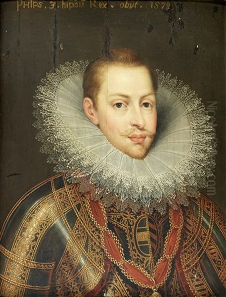 Portrait Of Philip Iii Of Spain, Bust-length, In Armour Wearing The Order Of The Golden Fleece; Portrait Of The Infanta Clara Eugenia, Sister Of King Philip Iii, Bust-length (pair) Oil Painting by Frans Pourbus the younger