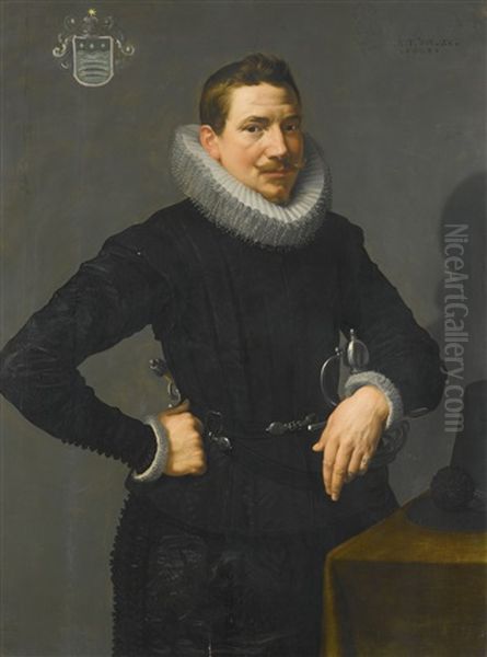 Portrait Of A Gentleman, Half Length, Standing Beside A Table With His Left Arm Resting On A Sword Oil Painting by Frans Pourbus the younger